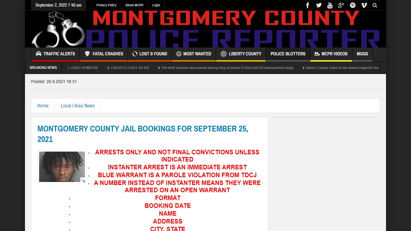 MONTGOMERY COUNTY JAIL BOOKINGS FOR SEPTEMBER 25, 2021