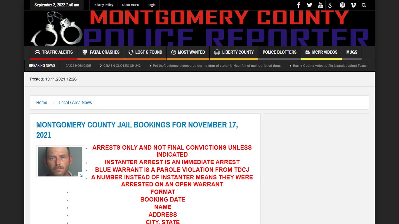 MONTGOMERY COUNTY JAIL BOOKINGS FOR NOVEMBER 17, 2021